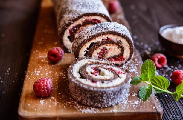 No Bake Chocolate Roll Cake Filled With Coconut Cream And Raspberry