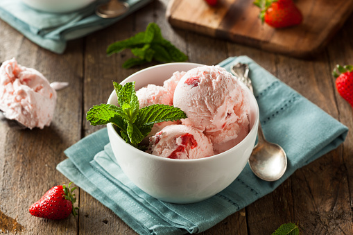 Cold Strawberry Ice Cream In A Bowl With Mint